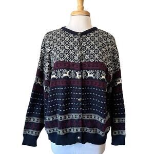 Classic Blues Collection Vintage Nordic Reindeer Sweater Cardigan Ladies XL